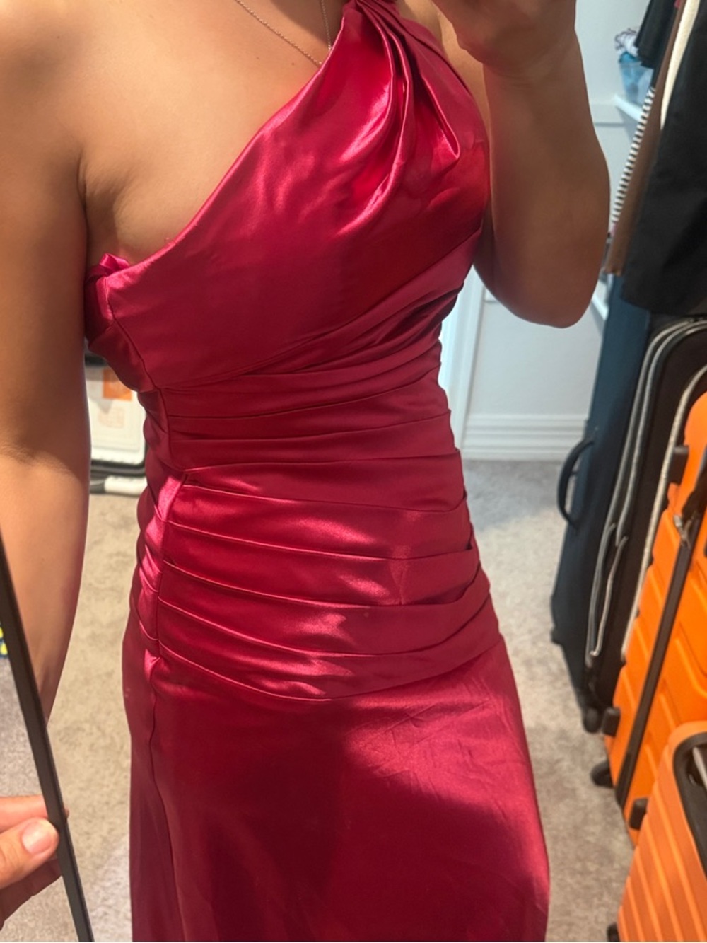 Cinderella One-Shoulder Ruched Satin Dress size small- Fuchsia/Hot Pink